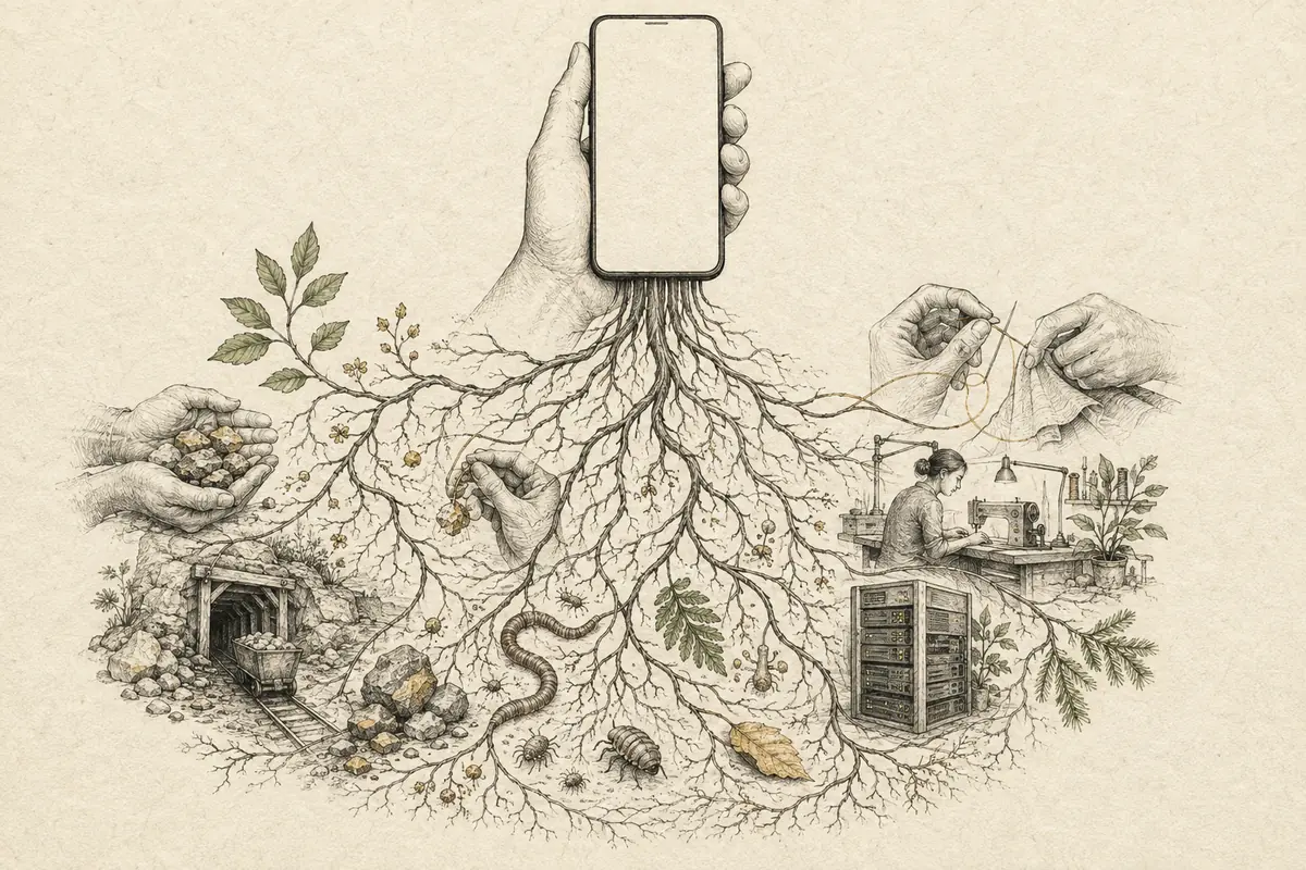 Eine Hand hält ein Smartphone, dessen Wurzeln sich mit arbeitenden Händen, einer Mine, einer Werkstatt, Servern und lebendigem Boden verbinden.