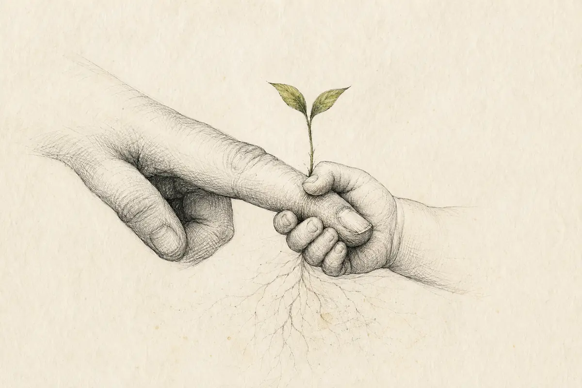 Eine kleine Kinderhand umfasst den Finger eines Erwachsenen; aus der Berührung wächst ein junger grüner Keim.