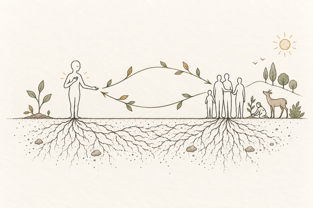 Eine einzelne Person und eine kleine Gemeinschaft sind durch zwei gegenläufige, blättertragende Linien und ein gemeinsames Wurzelnetz verbunden; Kind, Tier und Pflanzen erweitern den Blick auf den lebendigen Zusammenhang.