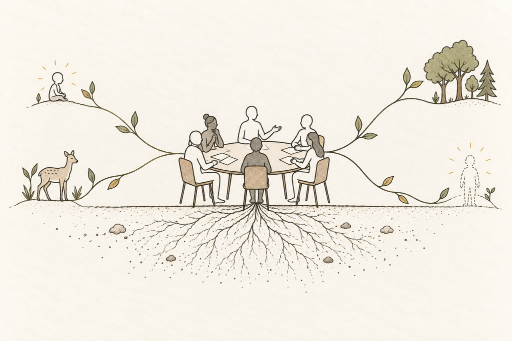 Eine Gruppe berät an einem runden Tisch; feine Linien führen zu einem Kind, einem Tier, Bäumen und einer nur angedeuteten zukünftigen Person – zu Betroffenen, die nicht selbst am Tisch sitzen.