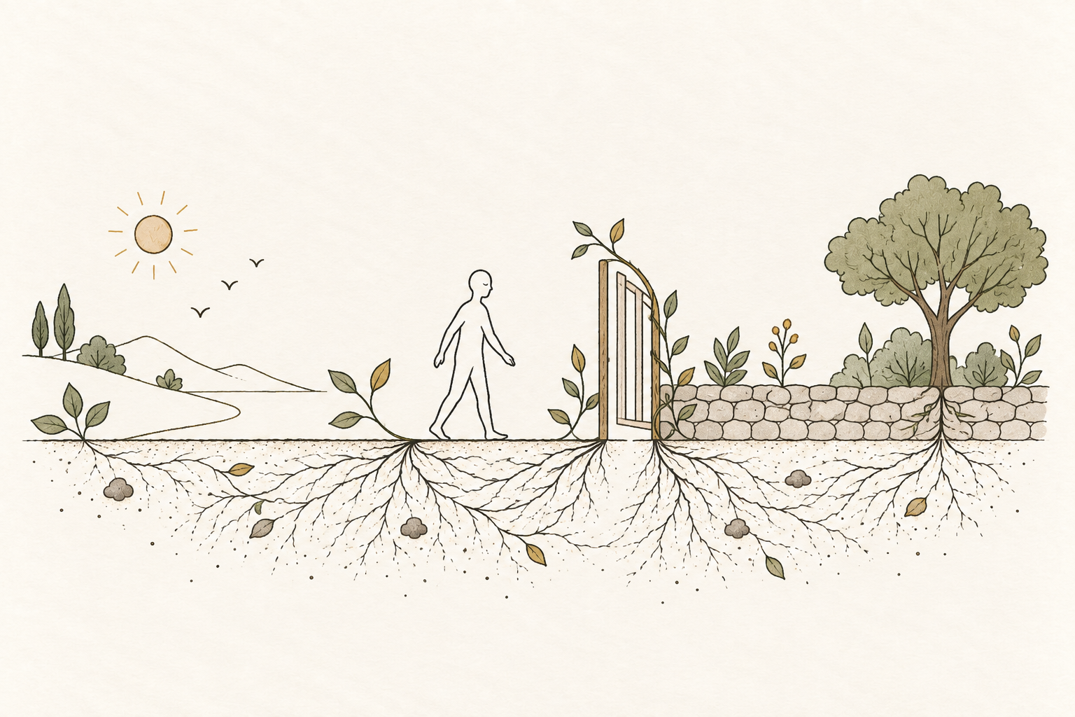 Eine gezeichnete Person nähert sich einem offenen Tor zwischen freiem Weg und geschütztem Garten; feine Wurzeln verbinden beide Seiten unter der Erde.