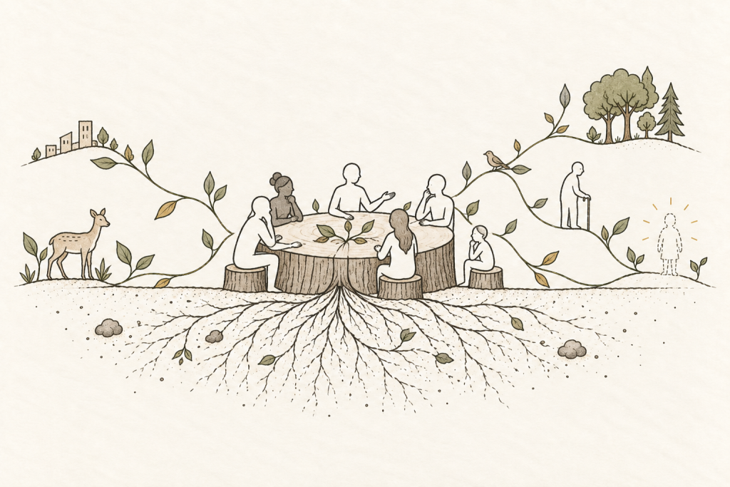 Menschen beraten an einem runden Tisch, während Ranken sie mit Kind, Tier, älterem Menschen, Landschaft und einer nur angedeuteten zukünftigen Person verbinden.